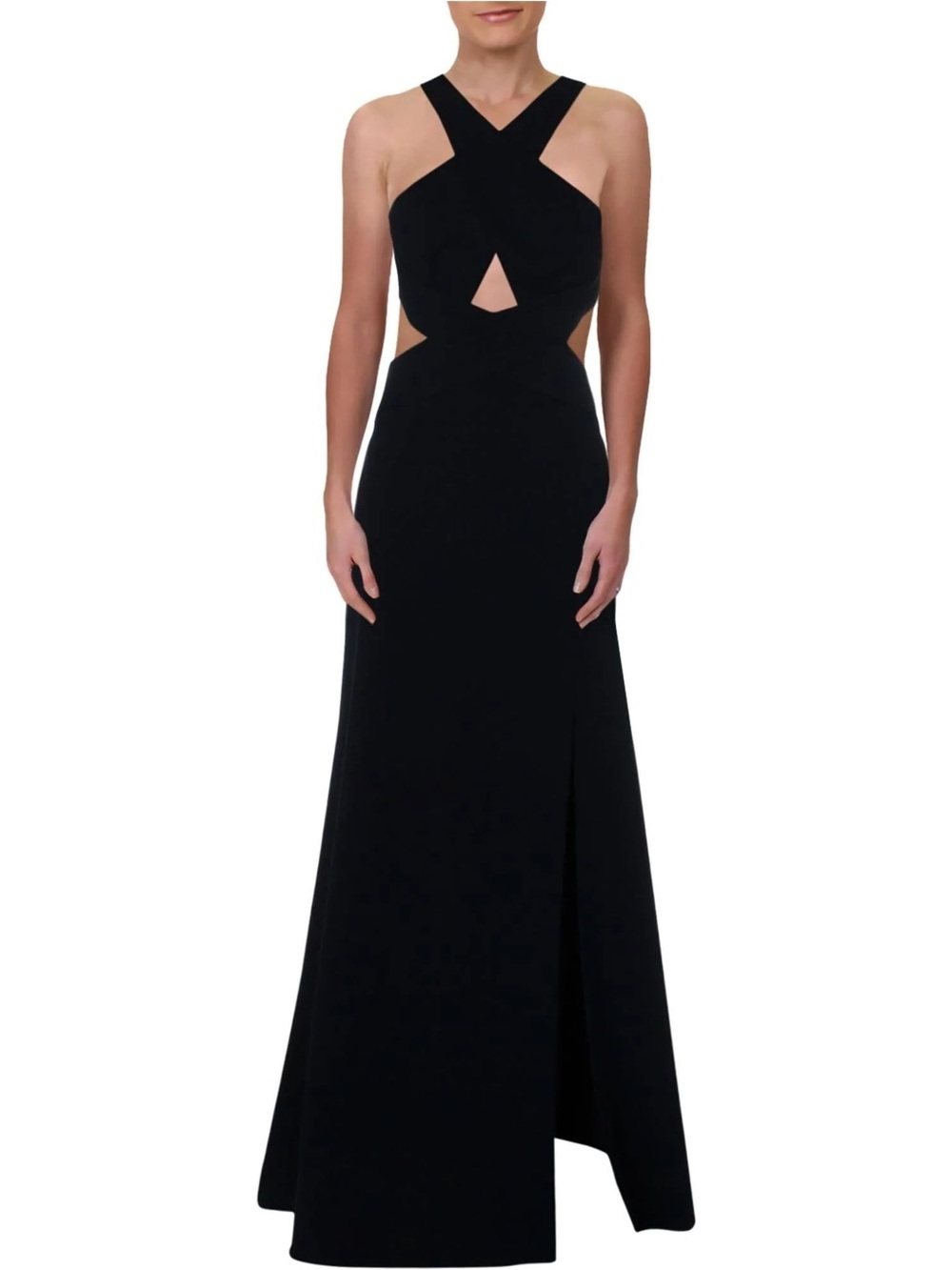 BCBGMaxAzria Black Salome Cross Over Halter Cut Out Slit Evening Gown Size 2